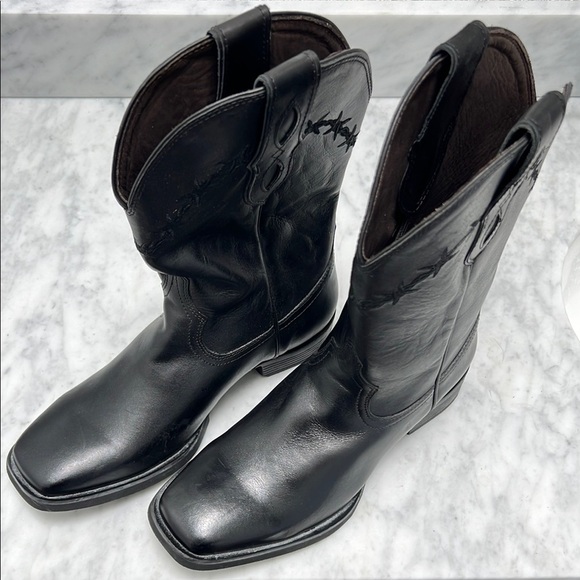 Black Leather Cowboy Cowgirl Western Barbed Wire Square Toe Treaded Work Boots - Picture 9 of 9